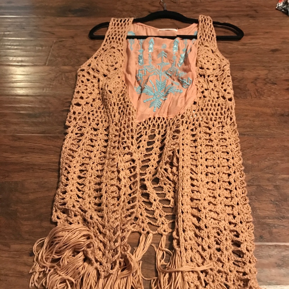 FRINGE LONG VEST- peach with blue design SZ OS